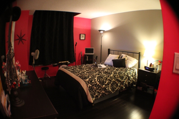 bedroom, condo, pink, damask, black & white, pretty, girlie